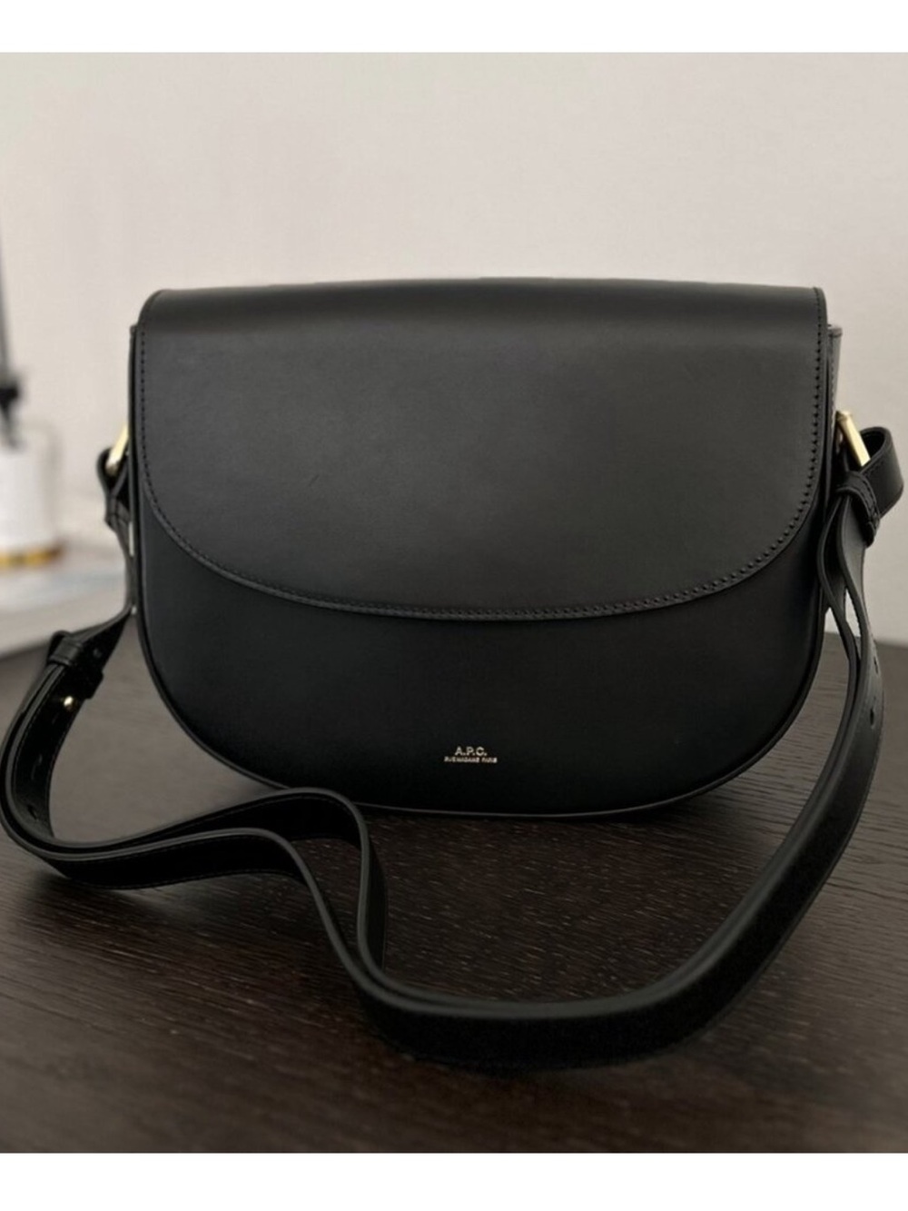 A.P.C. Black Leather Crescent Crossbody with Gold Hardware